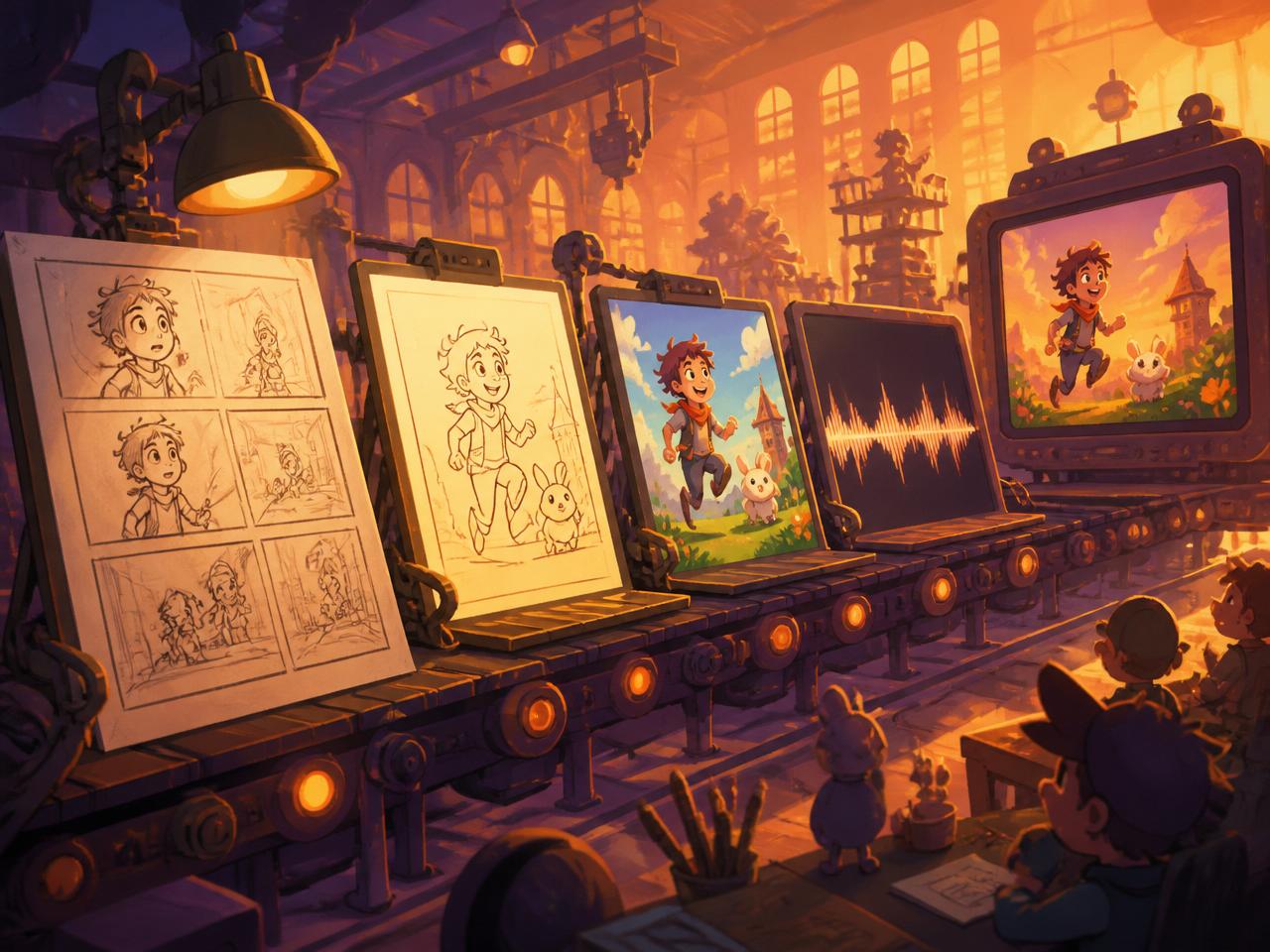 Illustrated production line turning a storyboard sketch into a colored frame, a narration waveform and a finished video