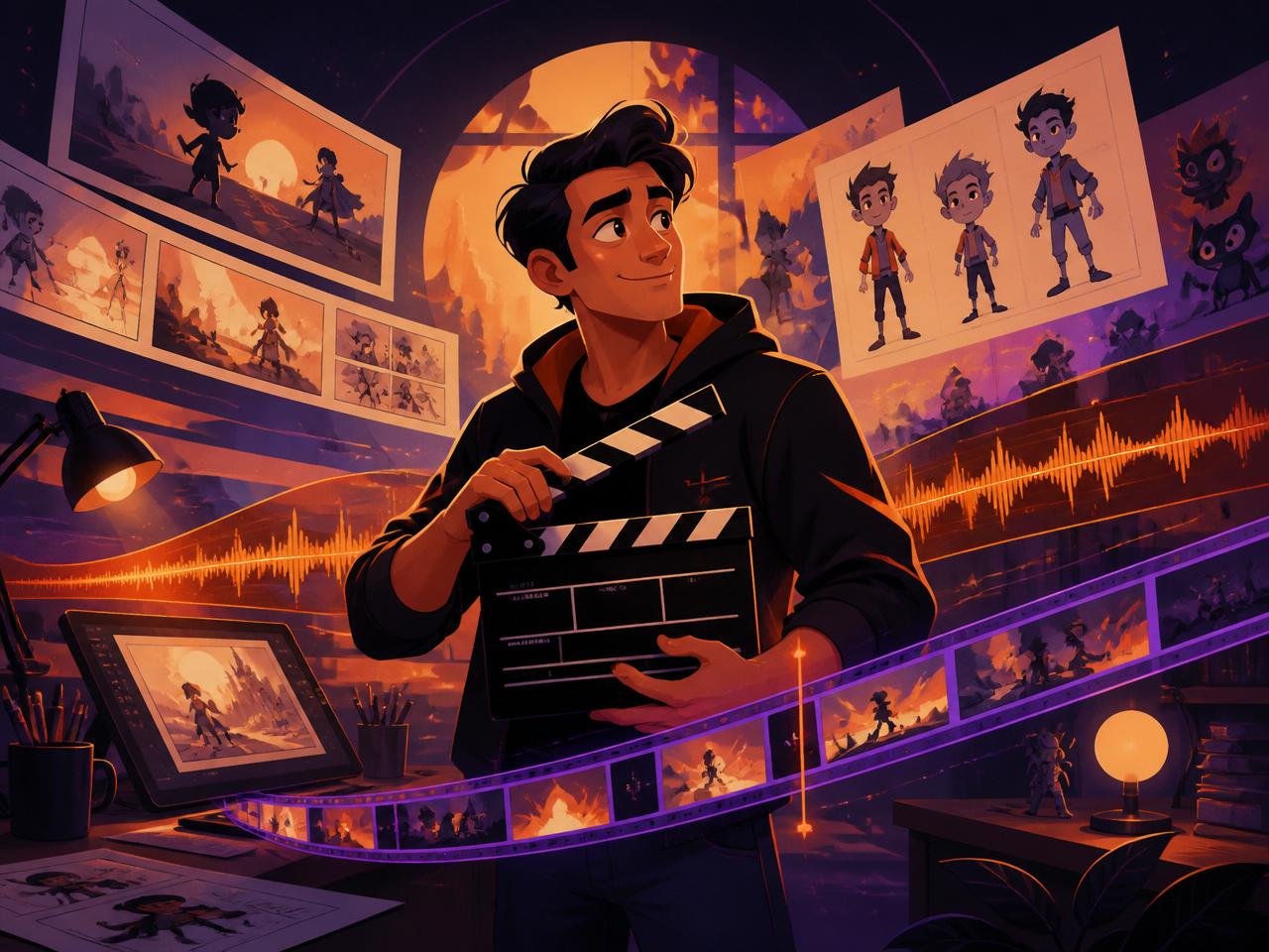 Cartoon director holding a clapperboard surrounded by scene cards and a waveform