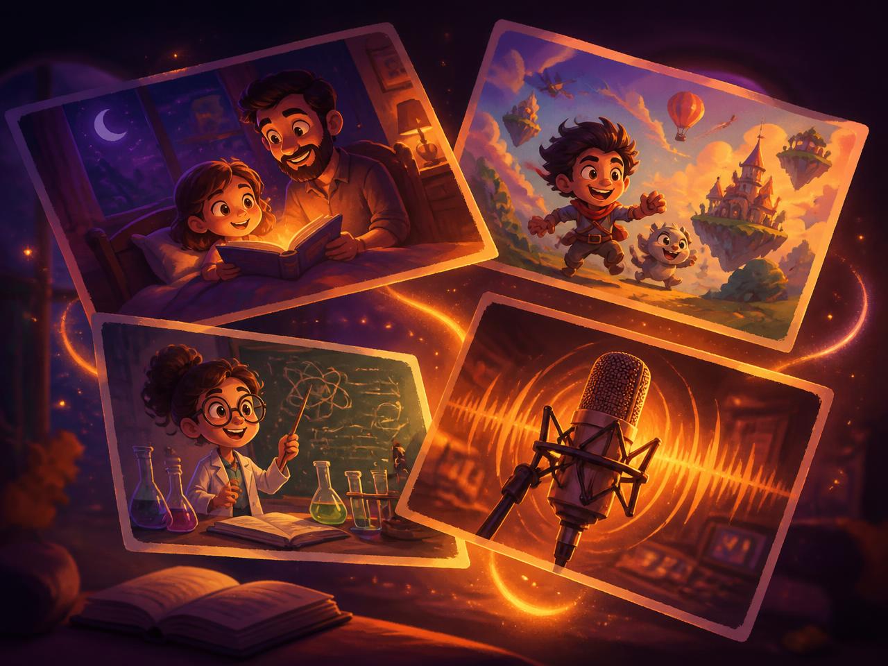 Illustrated cards showing a bedtime story, a science explainer and a narration microphone